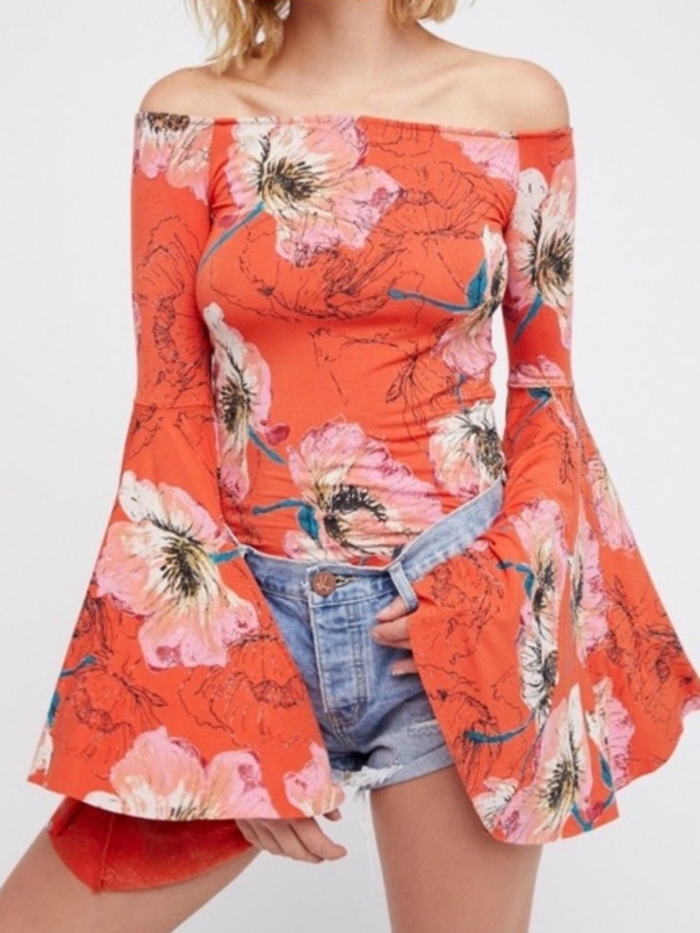 Free People Off the Shoulder Spice Combo Orange Flared Sleeve Floral Blouse